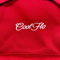 Close-up of Classic red backpack with embroidered white Cool Flo logo on the front