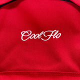 Close-up of Classic red backpack with embroidered white Cool Flo logo on the front