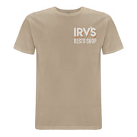 IRV’s Restos tee in desert dust, features a chest logo and barndoor VW bus back print - front view 