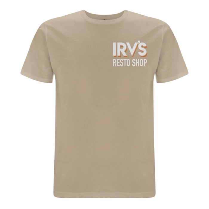 IRV’s Restos tee in desert dust, features a chest logo and barndoor VW bus back print - front view 