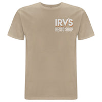 IRV’s Restos tee in desert dust, features a chest logo and barndoor VW bus back print - front view 