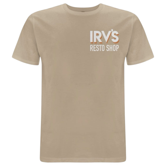 IRV’s Restos tee in desert dust, features a chest logo and barndoor VW bus back print - front view 