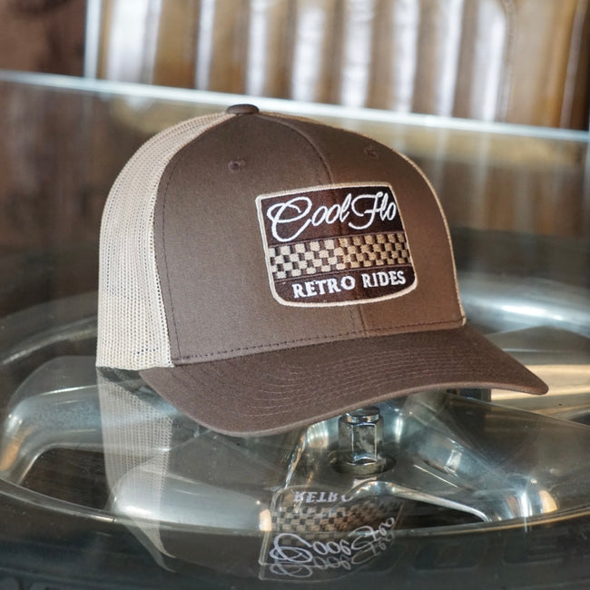 Cool Flo Retro Rides brown trucker cap with embroidered chequered badge design in white, cream and brown