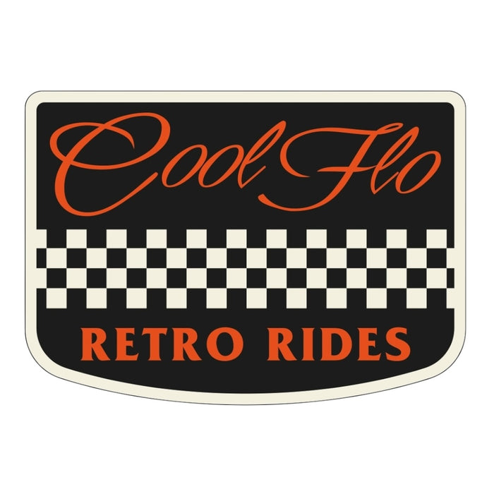 Image of a Cool Flo sticker with a red Cool Flo logo, 'Retro Rides' text and black and white chequered pattern on a black background