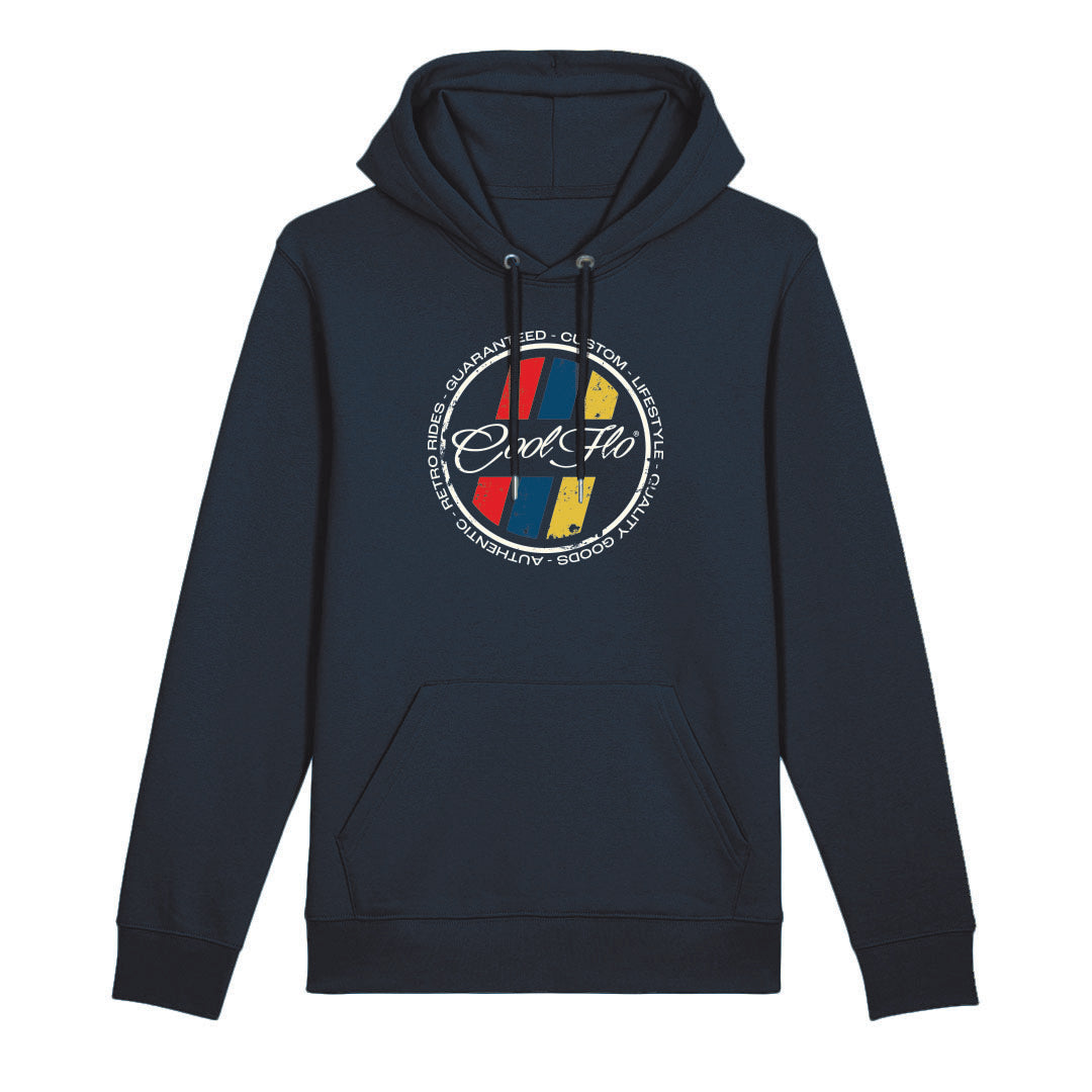 Cool Flo Navy hoody with a circular retro stripes design.