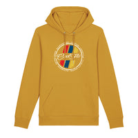 Cool Flo ochre yellow hoody with a circular retro stripes design.