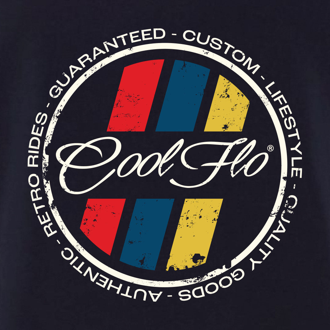 Close-up of Cool Flo Navy t-shirt with a circular retro stripes design.