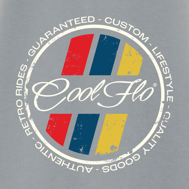 Close-up of Cool Flo grey t-shirt with a circular retro stripes design.