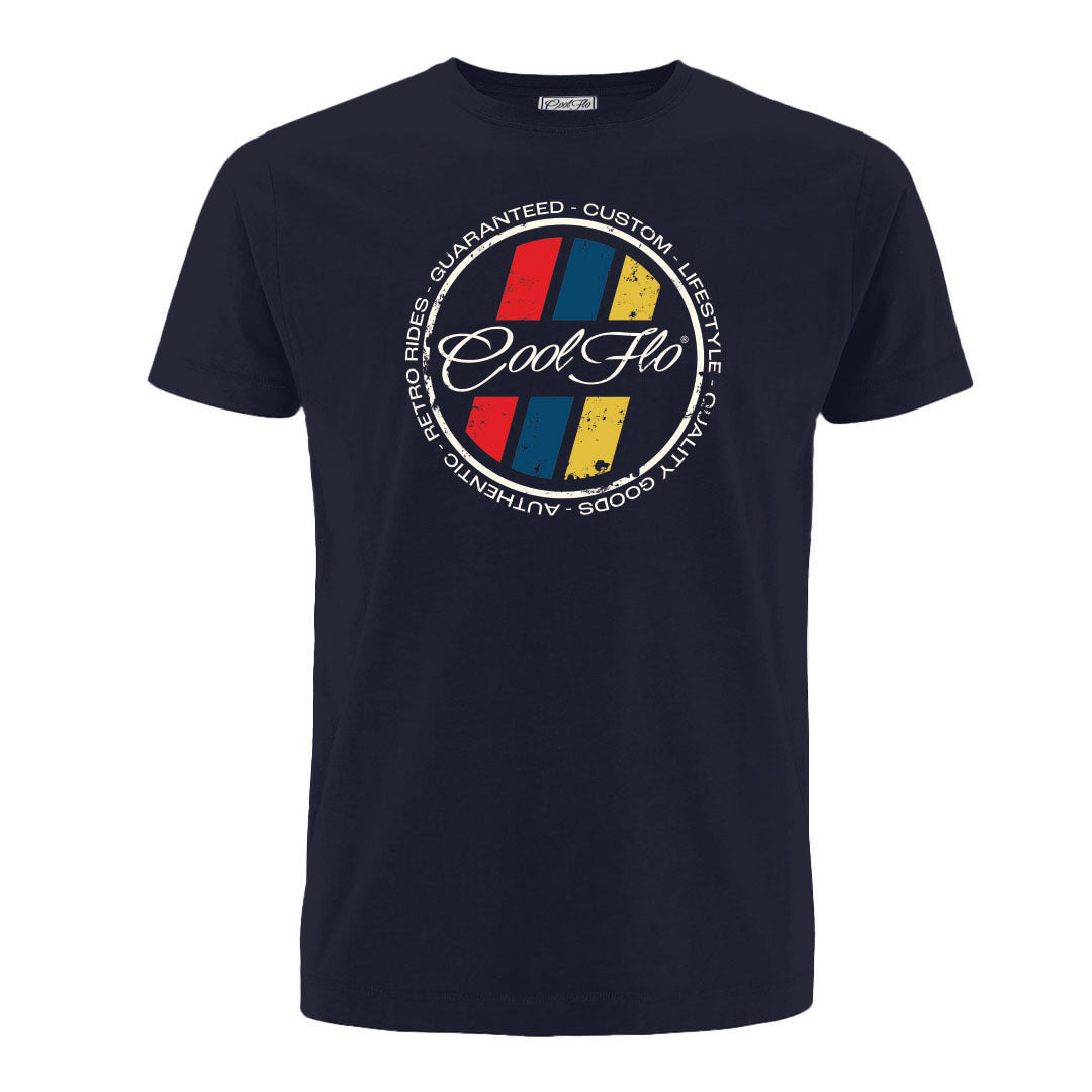 Cool Flo Navy t-shirt with a circular retro stripes design.
