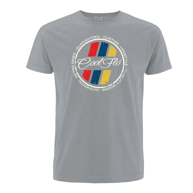 Cool Flo grey t-shirt with a circular retro stripes design.
