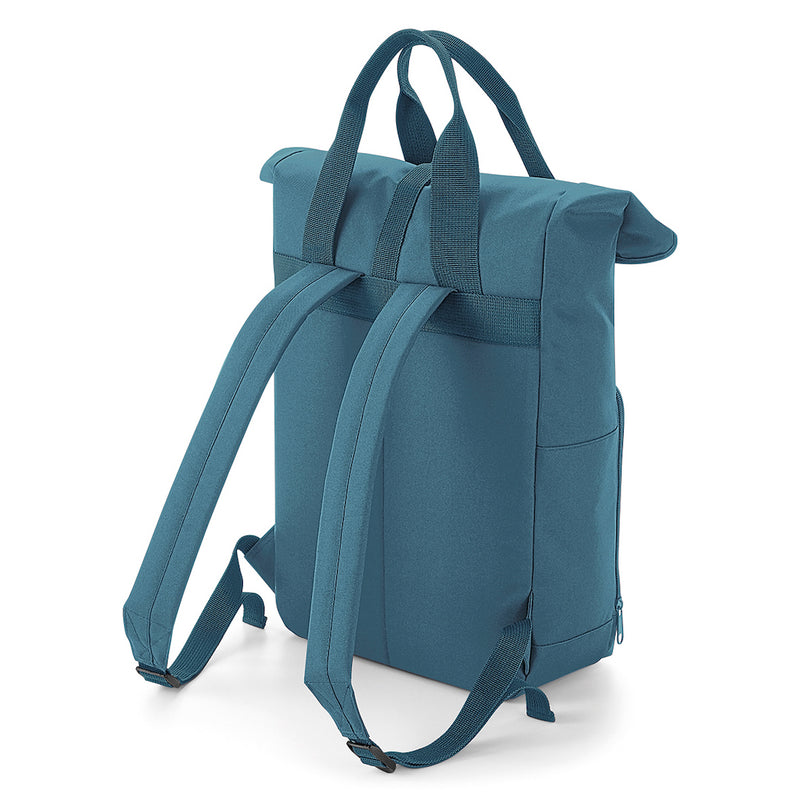 Reverse shot of Airforce Blue roll-top back pack.