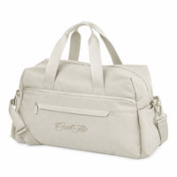 A stone-colour weekender bag with dual top handles, a front zippered pocket, and a detachable shoulder strap, featuring the script brand name 'Cool Flo' embroidered on the front, set against a plain white background.
