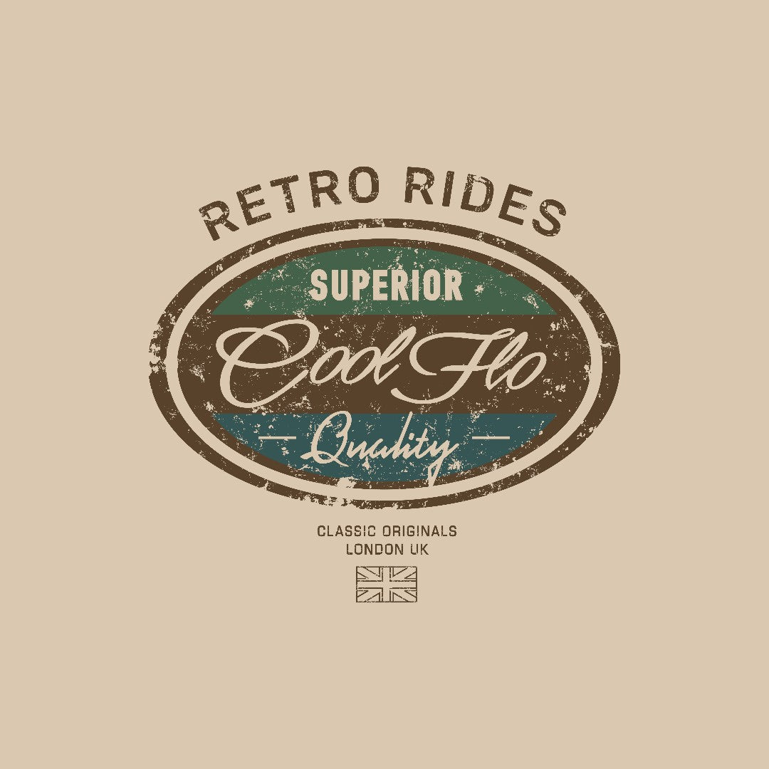 Cool Flo Retro Rides sand sweatshirt with brown, green and teal print design - rollover image.