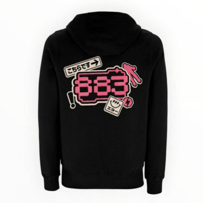 Centreforce Signal City black hooded sweatshirt shown from the back, featuring a large pink and white graphic print with Japanese text and a stylized '883' design.
