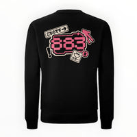 Centreforce Signal City black crewneck sweatshirt shown from the back, featuring a large pink and white graphic print with Japanese text and a stylized '883' design.