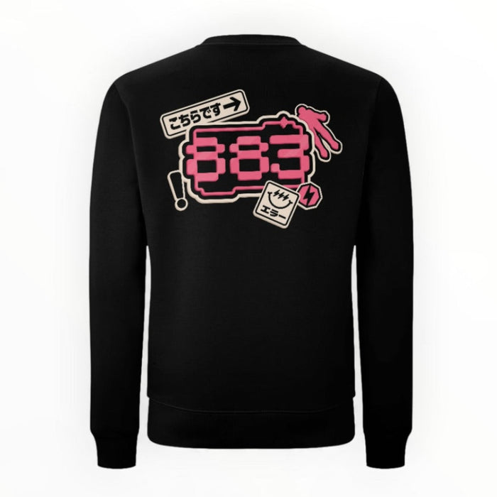 Centreforce Signal City black crewneck sweatshirt shown from the back, featuring a large pink and white graphic print with Japanese text and a stylized '883' design.