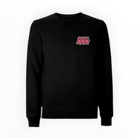 Centreforce Signal City black crewneck sweatshirt shown from the front, featuring a pink, black and white graphic print  on the left chest with a stylized '883' dancing people design.