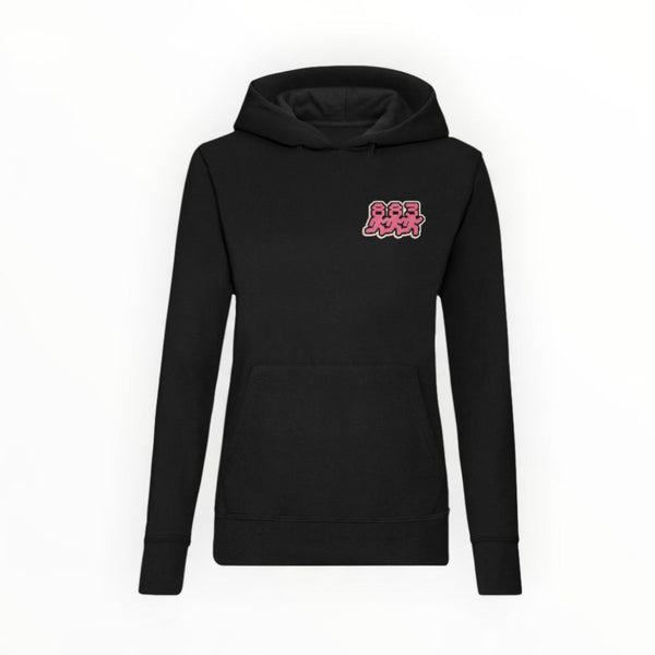 Centreforce Signal City women's black hooded sweatshirt shown from the front, featuring a pink, black and white graphic print  on the left chest with a stylized '883' dancing people design.
