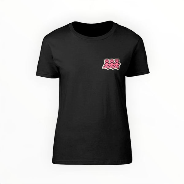 Centreforce Radio Signal City women's black t-shirt shown from the front, featuring a small 883 dancing people graphic print in pink, white, and black on the left chest. 