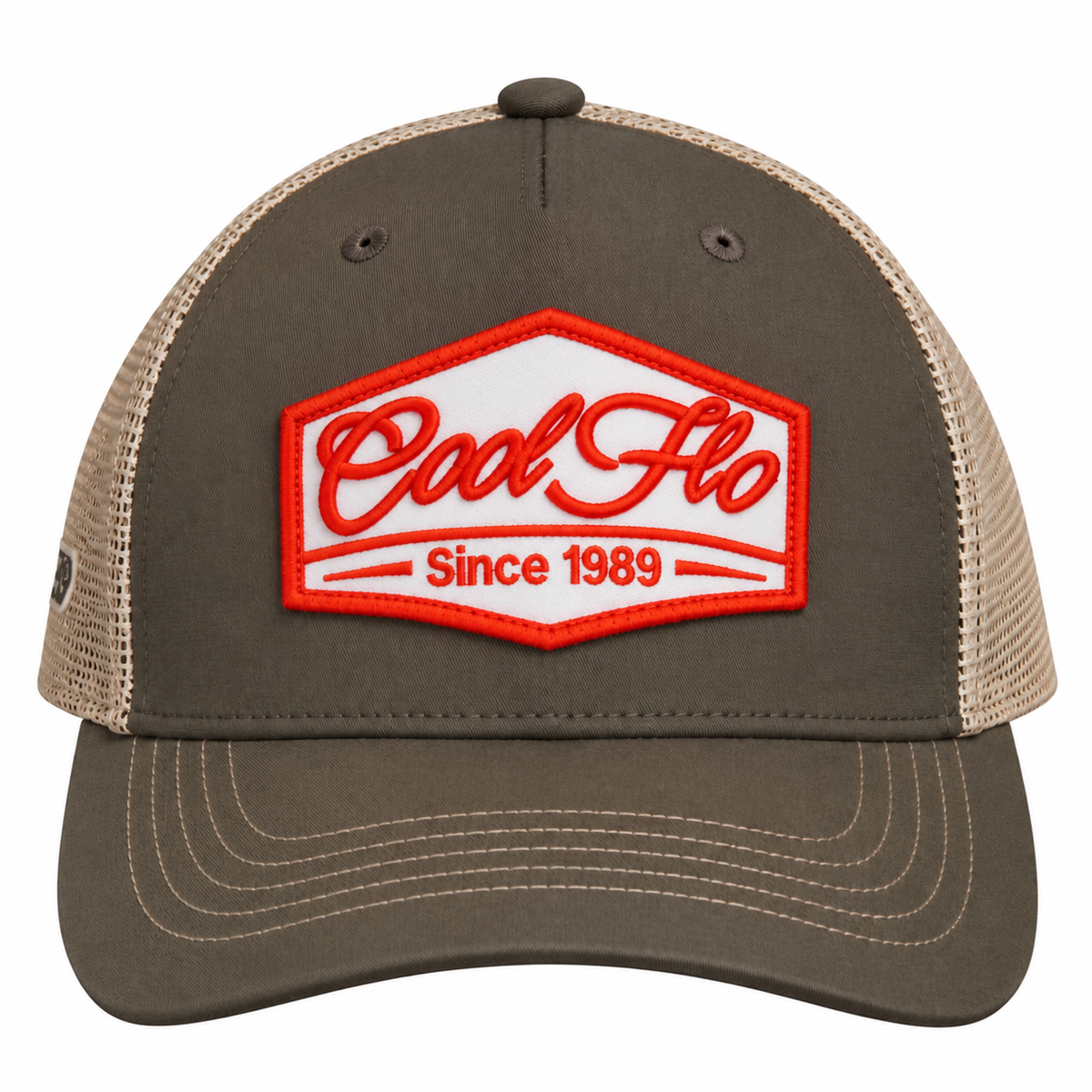 A trucker cap with an olive front and khaki mesh back, featuring a prominent embroidered front patch that reads 'Cool Flo Since 1989' in red and white.