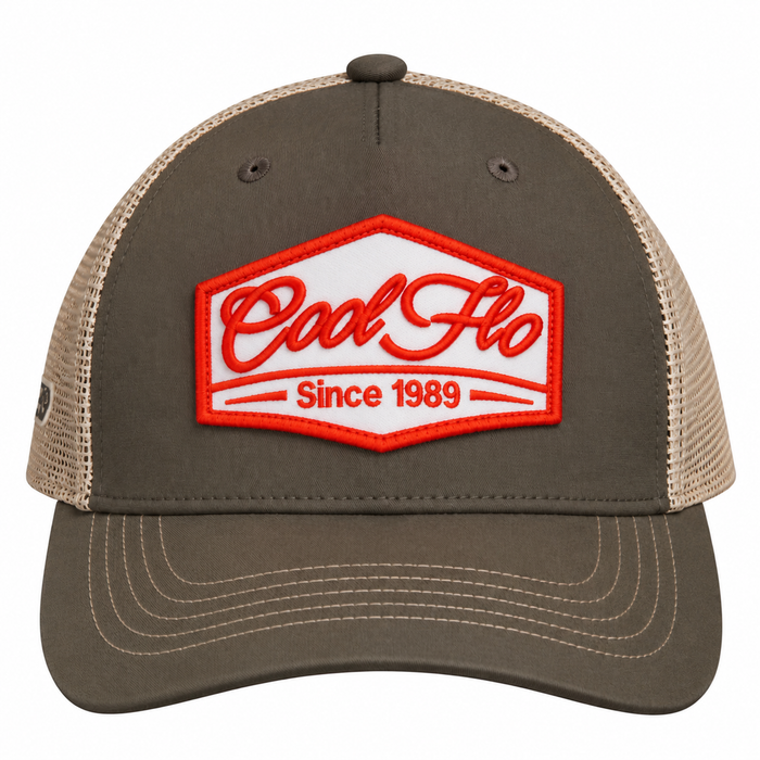 A trucker cap with an olive front and khaki mesh back, featuring a prominent embroidered front patch that reads 'Cool Flo Since 1989' in red and white.