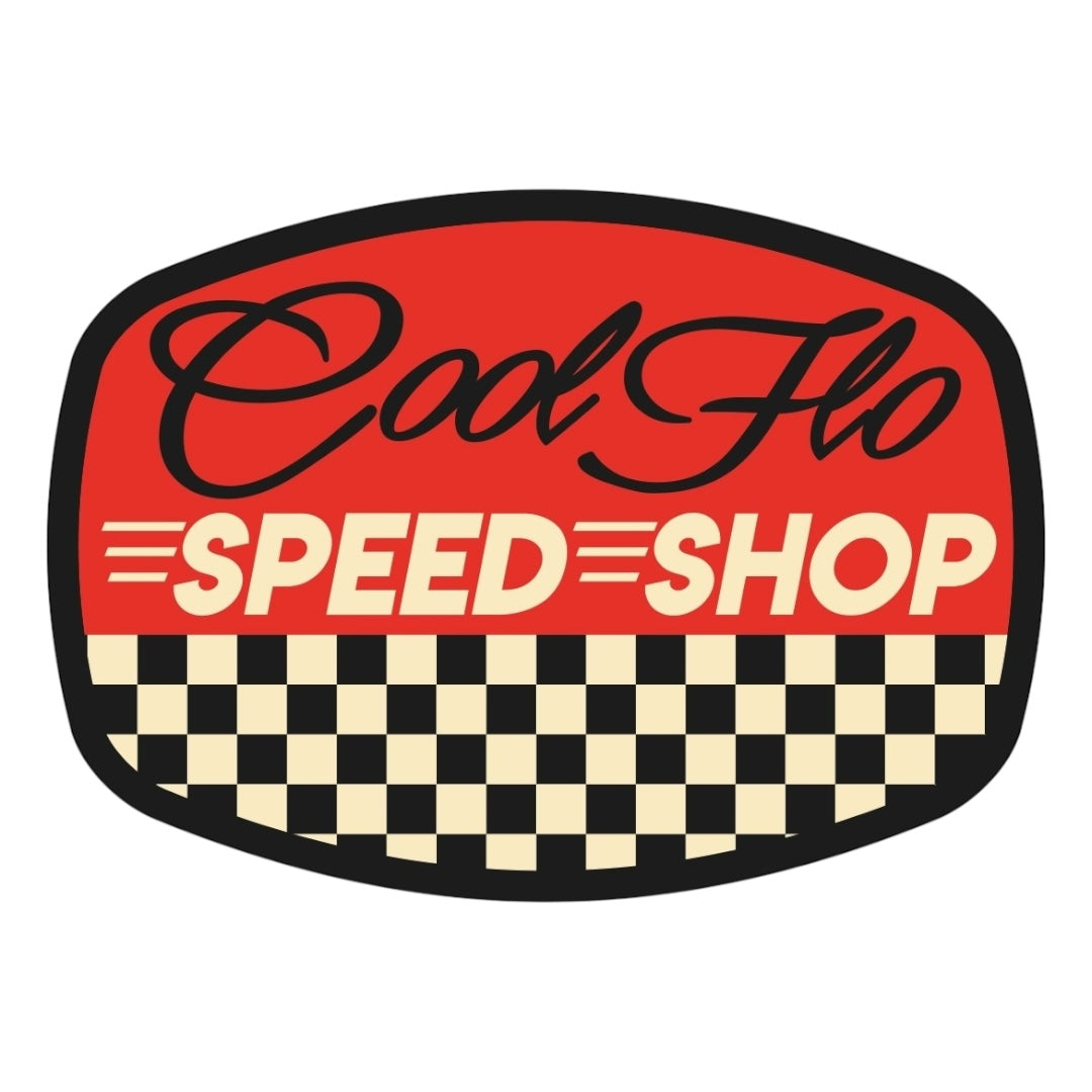 Cool Flo chequered sticker featuring a  black script logo and black, red, and white design with text 'Since 1989' and 'Classics London'.