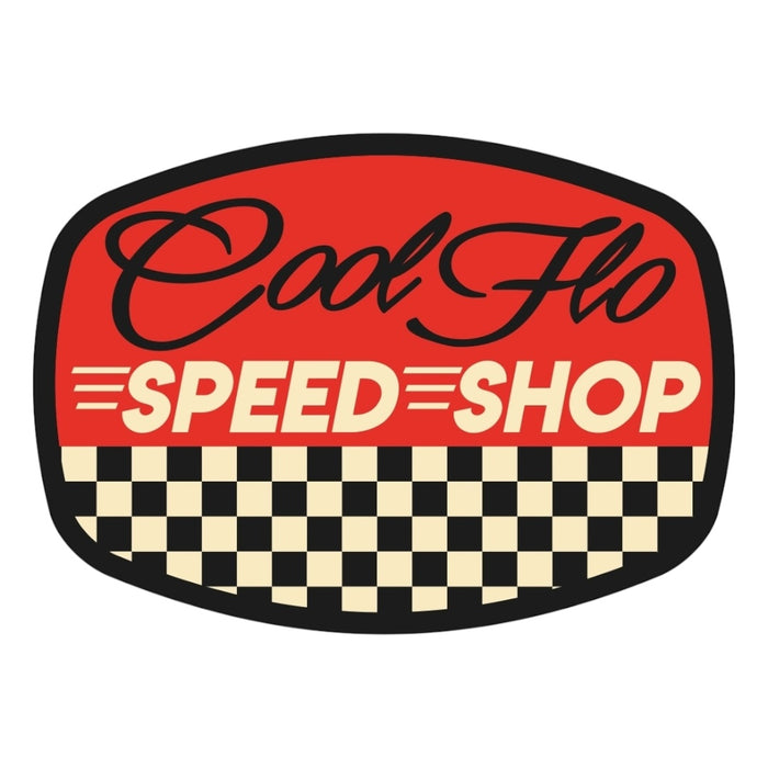 Cool Flo chequered sticker featuring a  black script logo and black, red, and white design with text 'Since 1989' and 'Classics London'.