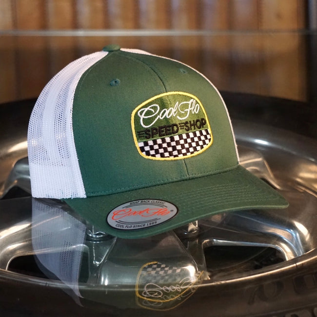 Cool Flo Green & White Trucker Cap  - Speed Shop embroidered badge design with chequered flag detail.
