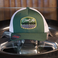 Cool Flo Green & White Trucker Cap  - Speed Shop embroidered badge design with chequered flag detail.