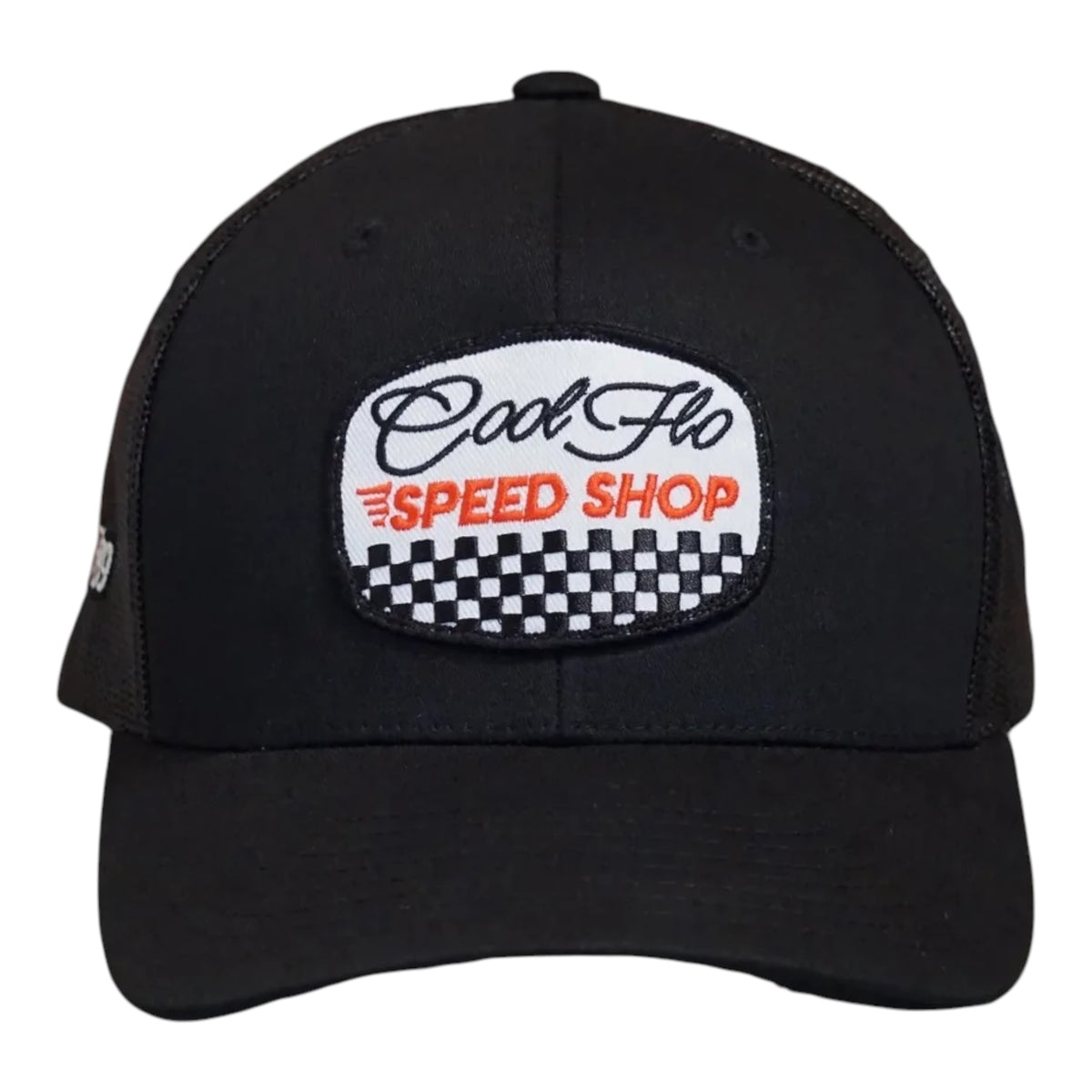 Front view of a Cool Flo Speed Shop trucker cap in Black featuring an embroidered Speed Shop badge and a curved visor