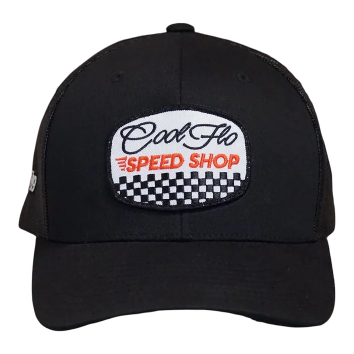 Front view of a Cool Flo Speed Shop trucker cap in Black featuring an embroidered Speed Shop badge and a curved visor