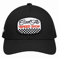 Front view of a Cool Flo Speed Shop trucker cap in Black featuring an embroidered Speed Shop badge and a curved visor.