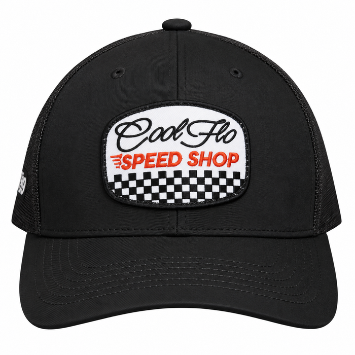 Front view of a Cool Flo Speed Shop trucker cap in Black featuring an embroidered Speed Shop badge and a curved visor.