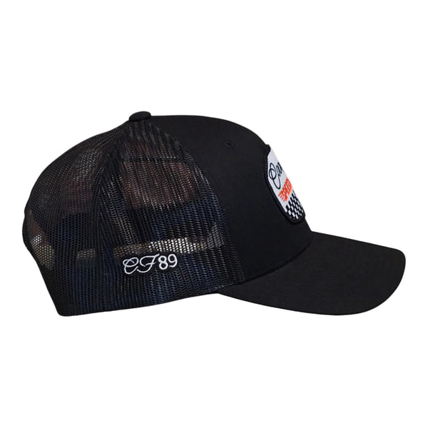 Right side view of a Cool Flo Black Speed Shop trucker cap featuring CF89 embroidered side detail, breathable mesh back panels and adjustable snapback fastening