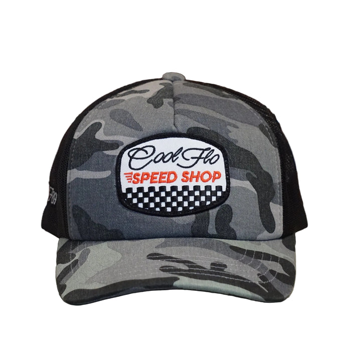 Front view of a Cool Flo Speed Shop trucker cap in Dark Camo featuring an embroidered Speed Shop badge, camo print panels and a curved visor