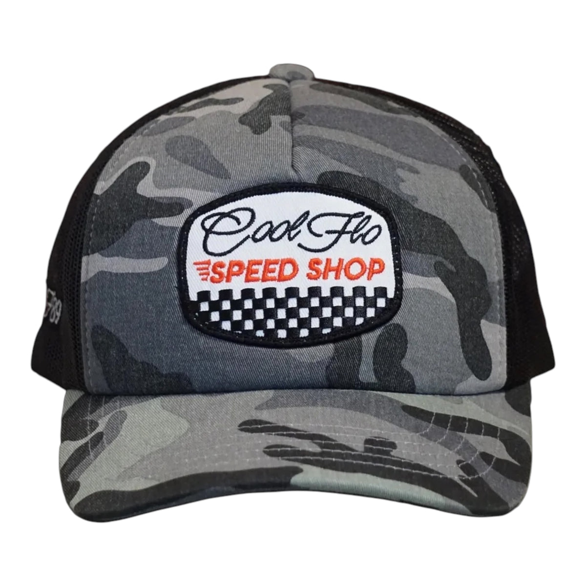 Front view of a Cool Flo Speed Shop trucker cap in Dark Camo featuring an embroidered Speed Shop badge, camo print panels and a curved visor