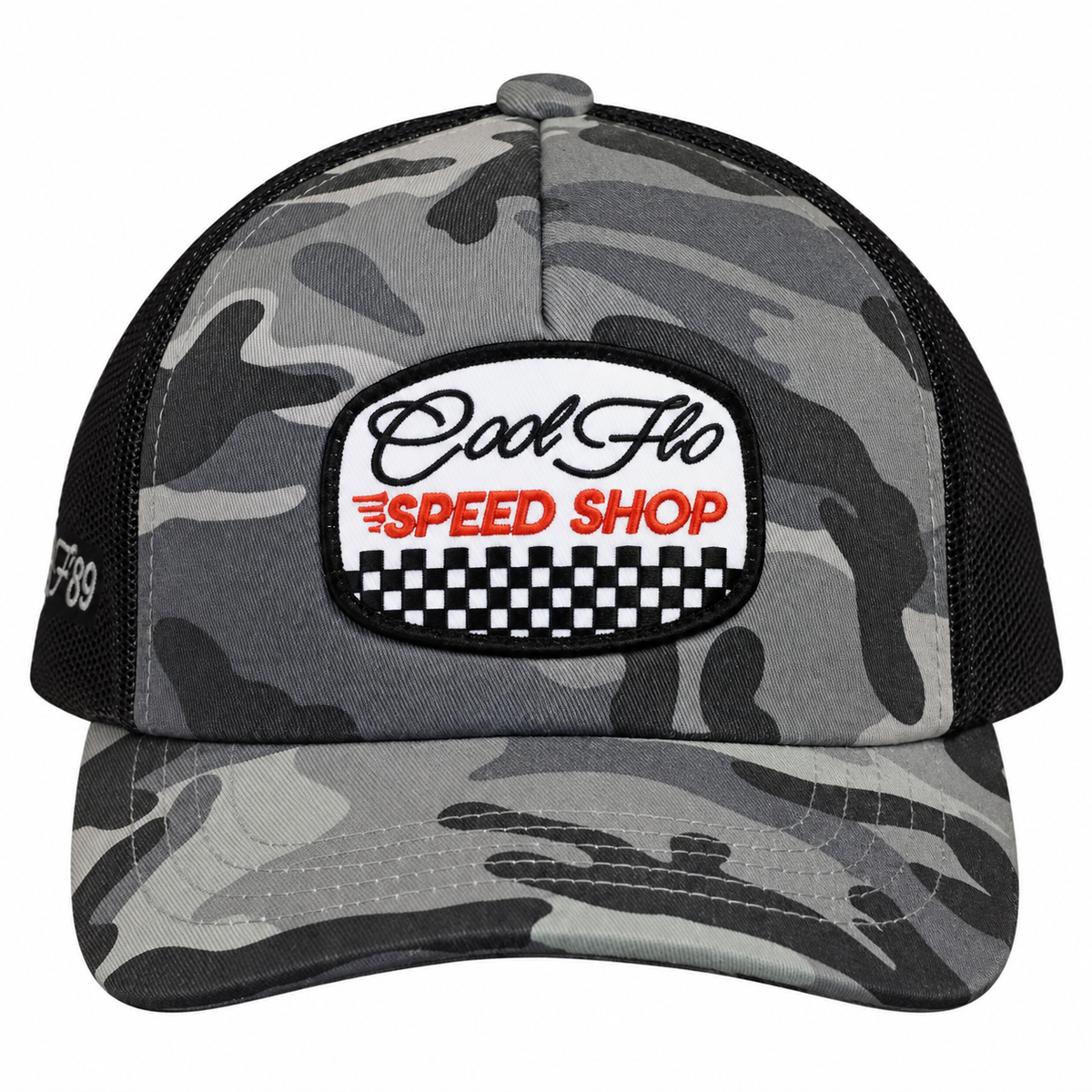 Front view of a Cool Flo Speed Shop trucker cap in Dark Camo featuring an embroidered Speed Shop badge, camo print panels and a curved visor.