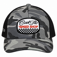 Front view of a Cool Flo Speed Shop trucker cap in Dark Camo featuring an embroidered Speed Shop badge, camo print panels and a curved visor.