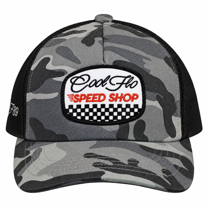 Front view of a Cool Flo Speed Shop trucker cap in Dark Camo featuring an embroidered Speed Shop badge, camo print panels and a curved visor.