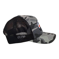 Right side view of a Cool Flo Dark Camo Speed Shop trucker cap featuring embroidered side detail, breathable mesh back panels and adjustable snapback fastening