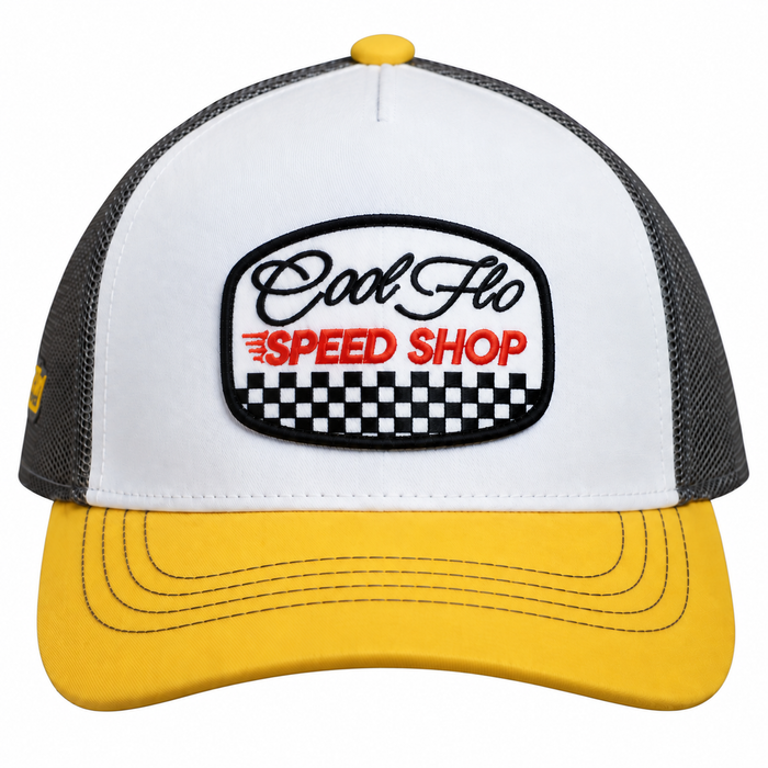 Front view of a Cool Flo Speed Shop trucker cap in Yellow/White/Grey featuring an embroidered Speed Shop badge and curved visor.