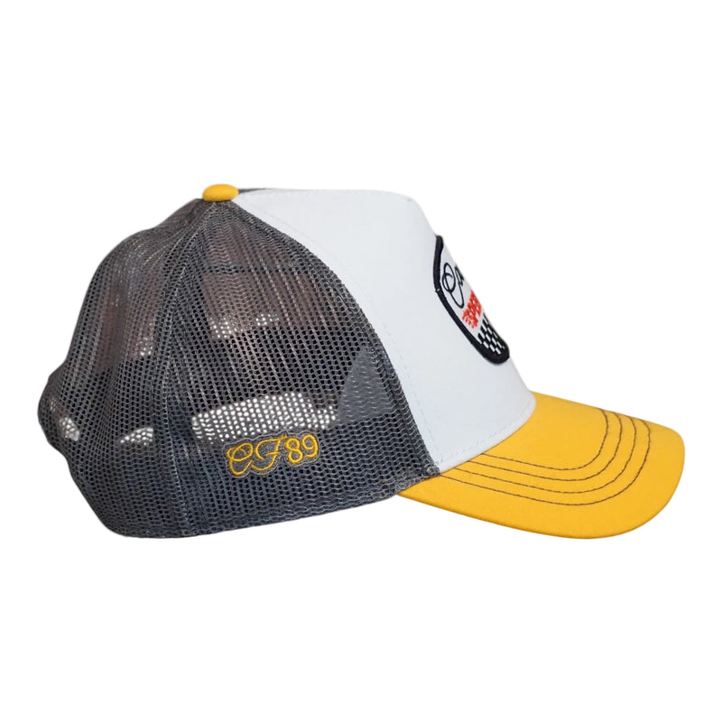 Right side view of a Cool Flo Yellow/White/Grey Speed Shop trucker cap featuring CF89 embroidered side detail, breathable mesh back panels and adjustable snapback fastening