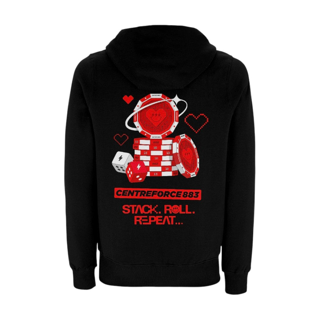 Black Centreforce 883 hoody with red and white casino-inspired graphic printed on the back.