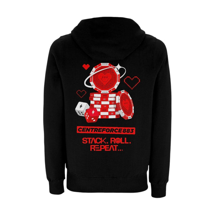 Black Centreforce 883 hoody with red and white casino-inspired graphic printed on the back.