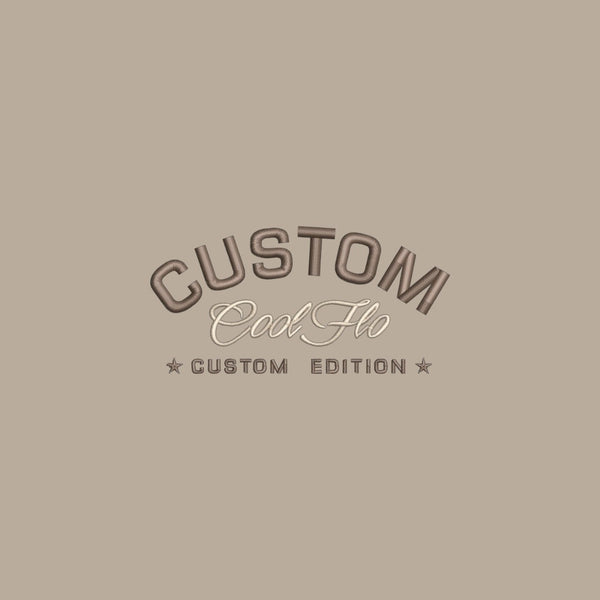 Close-up of Cool Flo Custom Edition Stone coloured base with brown and tonal stone/khaki left-chest embroidery.