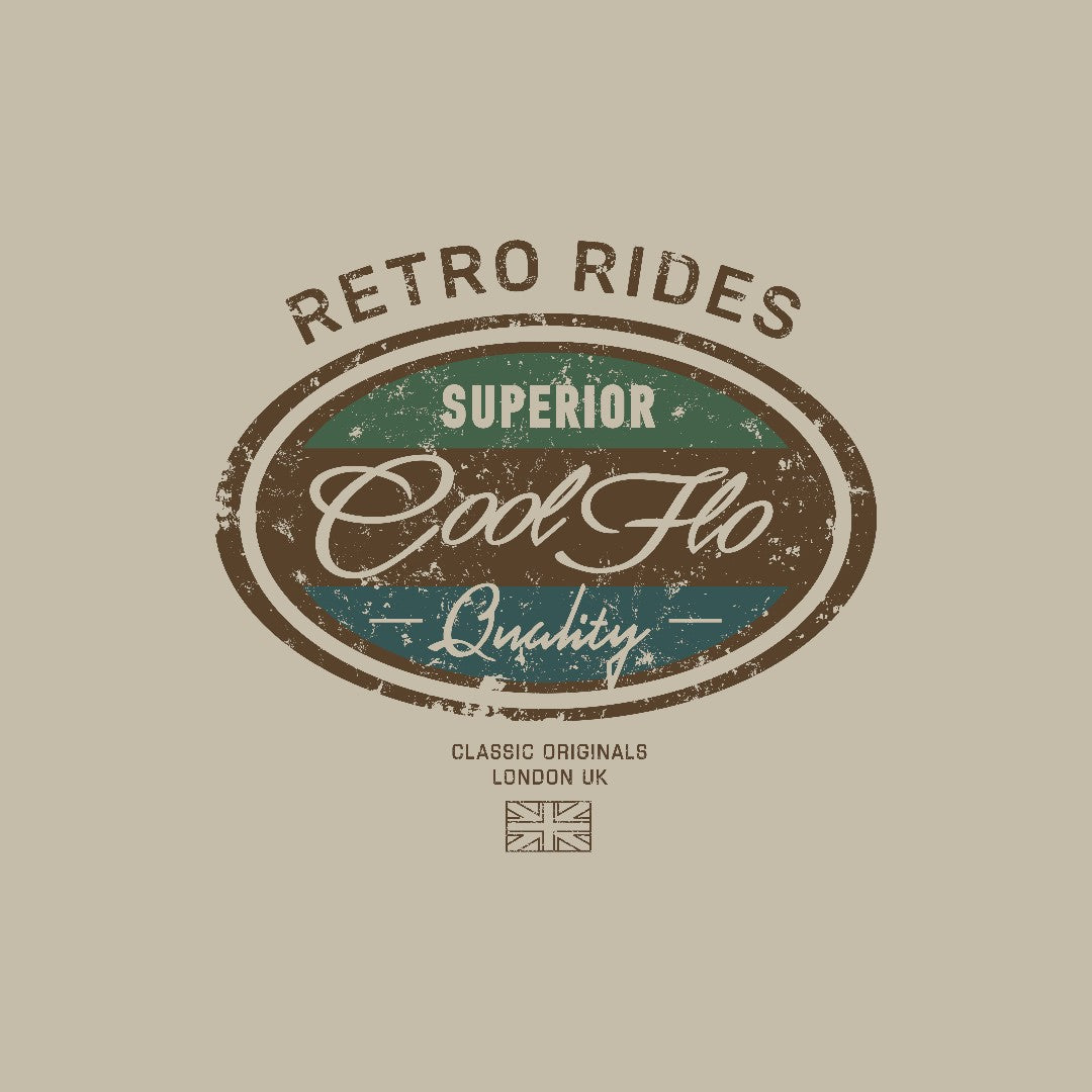 Cool Flo 'Retro Rides' stone-coloured hoody with brown, green and teal print design on chest - rollover image