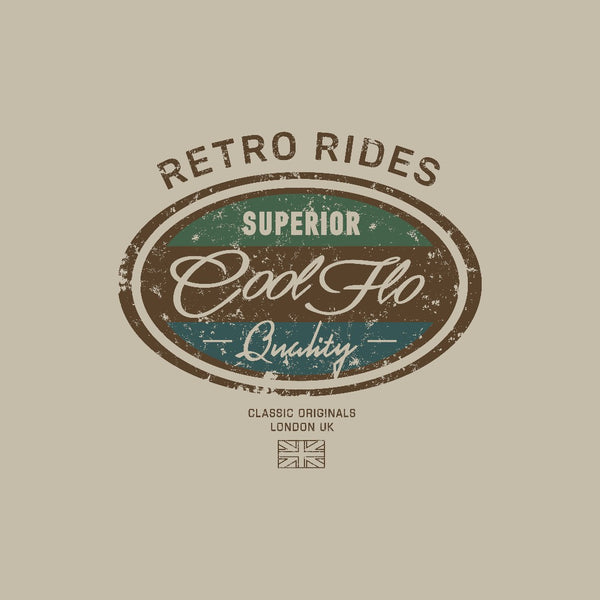 Cool Flo 'Retro Rides' stone-coloured hoody with brown, green and teal print design on chest - rollover image