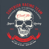 Close-up of Cool Flo 'Super Racing' skull design hoody with red and white print.