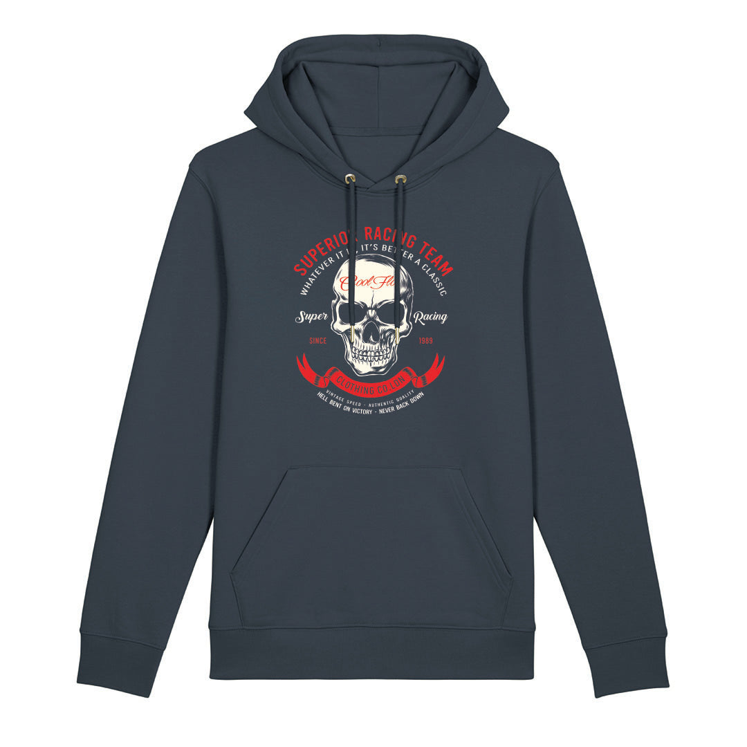 Cool Flo 'Super Racing' skull design hoody with red and white print.