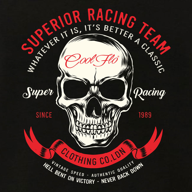 Close-up of Cool Flo 'Super Racing' skull design t-shirt with red and white print.